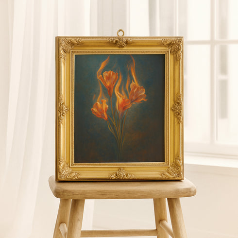 Fine art print featuring glowing orange flowers engulfed in flames, set against a deep blue textured background. Printed on archival 285gsm paper with a velvety watercolor texture. Museum-grade quality. Available in multiple sizes. Vintage-inspired ornate frames not included. Artwork evokes symbolism of transformation and inner fire.